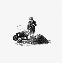 Drawing of a man sweeping a garden