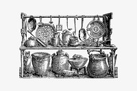 Cooking utensils from Pompeii, in the museum at Naples from Italian Pictures, Drawn With Pen And Pencil published by <a href="https://www.rawpixel.com/search/Religious%20Tract%20Society?sort=curated&amp;page=1">Religious Tract Society</a> (1885). Original from the British Library. Digitally enhanced by rawpixel.