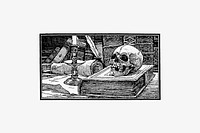 Drawing of a skull and a book