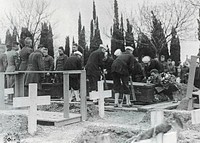 U.S. Embarkation Camp, Pauillac, Gironde, France. Men lowering caskets into graves at the funerals of a soldier and a sailor who died from influenza (1919). Original image from National Museum of Health and Medicine. Digitally enhanced by rawpixel.