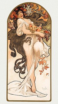 Art nouveau autumn woman psd, remixed from the artworks of Alphonse Maria Mucha
