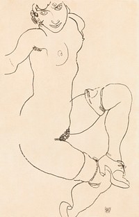 Naked lady in lingerie. Seated Nude in Shoes and Stockings (1918) by <a href="https://www.rawpixel.com/search/Egon%20Schiele?sort=curated&amp;freecc0=1&amp;page=1">Egon Schiele</a>. Original female line art drawing from The MET museum. Digitally enhanced by rawpixel.