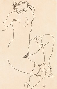 Naked lady in lingerie. Seated Nude in Shoes and Stockings (1918) by Egon Schiele. Original female line art drawing from The MET museum. Digitally enhanced by rawpixel.