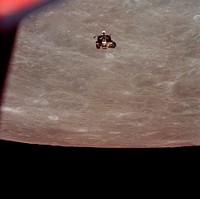 The Apollo 11 Lunar Module (LM) ascent stage, with astronauts Neil A. Armstrong and Edwin E. Aldrin Jr. aboard, is photographed from the Command and Service Modules (CSM) in lunar orbit. Original from NASA. Digitally enhanced by rawpixel.