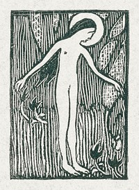 A naked woman illustration for a poetry collection by Paul Verlaine (Illustratie met naakte vrouwelijke heilige staand bij boom bij gedicht in dichtbundel van Paul Verlaine) (1895) print in high resolution by <a href="https://www.rawpixel.com/search/Maurice%20Denis?sort=curated&amp;page=1&amp;topic_group=_my_topics">Maurice Denis</a>. Original from The Rijksmuseum. Digitally enhanced by rawpixel.