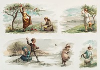 People picking fruit and flowers, children throwing snowballs, a girl with lamb from The Miriam and Ira D. Wallach Division of Art, Prints and Photographs: Picture Collection published by <a href="https://www.rawpixel.com/search/L.%20prong%20%26%20Co?sort=curated&amp;page=1">L. Prang &amp; Co</a>. Original from the New York Public Library. Digitally enhanced by rawpixel.