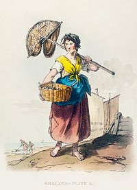 Illustration of female shrimper from Picturesque Representations of the Dress and Manners of the English(1814) by <a href="https://www.rawpixel.com/search/William%20Alexander?&amp;page=1">William Alexander</a> (1767-1816). Original from The New York Public Library. Digitally enhanced by rawpixel.