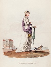 Illustration of a lady in Summer dress from Picturesque Representations of the Dress and Manners of the English(1814) by <a href="https://www.rawpixel.com/search/William%20Alexander?&amp;page=1">William Alexander</a> (1767-1816). Original from The New York Public Library. Digitally enhanced by rawpixel.