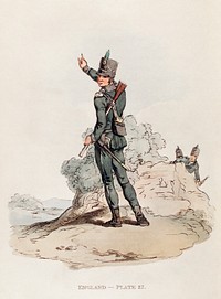 Illustration of a rifleman from Picturesque Representations of the Dress and Manners of the English(1814) by <a href="https://www.rawpixel.com/search/William%20Alexander?&amp;page=1">William Alexander</a> (1767-1816). Original from The New York Public Library. Digitally enhanced by rawpixel.