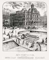 Illustration of New post office &amp; proposed Broadway underground railway from Illustrated description of the Broadway underground railway (1872) by <a href="https://www.rawpixel.com/search/New%20York%20Parcel%20Dispatch%20Company?&amp;page=1">New York Parcel Dispatch Company</a>.