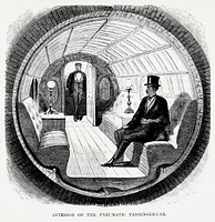 Illustration of interior of the pneumatic passenger-car from Illustrated description of the Broadway underground railway (1872) by <a href="https://www.rawpixel.com/search/New%20York%20Parcel%20Dispatch%20Company?&amp;page=1">New York Parcel Dispatch Company</a>.