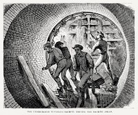Illustration of the underground tunneling machine - driving the machine ahead from Illustrated description of the Broadway underground railway (1872) by <a href="https://www.rawpixel.com/search/New%20York%20Parcel%20Dispatch%20Company?&amp;page=1">New York Parcel Dispatch Company</a>.