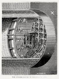 Illustration of underground tunneling-machine from Illustrated description of the Broadway underground railway (1872) by New York Parcel Dispatch Company.