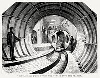 Illustration of the view when looking from within the tunnel into the station from Illustrated description of the Broadway underground railway (1872) by <a href="https://www.rawpixel.com/search/New%20York%20Parcel%20Dispatch%20Company?&amp;page=1">New York Parcel Dispatch Company</a>.