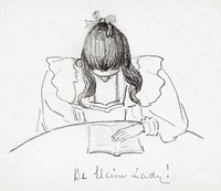 Girl sitting at a table with her head bent over an open book (1894) by J<a href="https://www.rawpixel.com/search/Julie%20de%20Graag?sort=curated&amp;page=1">Julie de Graag</a> (1877-1924). Original from The Rijksmuseum. Digitally enhanced by rawpixel.