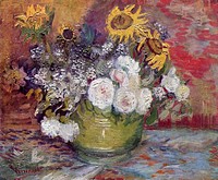 Vincent van Gogh's Bowl With Sunflowers Roses And Other Flowers (1886) famous painting. Original from Wikimedia Commons. Digitally enhanced by rawpixel.