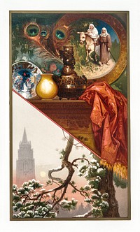 Christmas Card Depicting Mantle Display, Holly, and the Moon (1865&ndash;1899) by <a href="https://www.rawpixel.com/search/l.%20prang?sort=curated&amp;type=all&amp;page=1">L. Prang &amp; Co</a>. Original from The New York Public Library. Digitally enhanced by rawpixel.