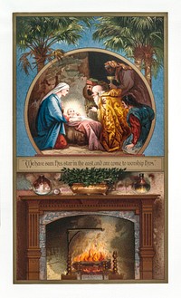 Christmas Card Depicting a Fireplace and a Manger Scene (1865&ndash;1899) by <a href="https://www.rawpixel.com/search/l.%20prang?sort=curated&amp;type=all&amp;page=1">L. Prang &amp; Co</a>. Original from The New York Public Library. Digitally enhanced by rawpixel.