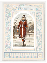 Christmas Card Depicting Woman Ice-Skating (1865&ndash;1899) by <a href="https://www.rawpixel.com/search/l.%20prang?sort=curated&amp;type=all&amp;page=1">L. Prang &amp; Co</a>. Original from The New York Public Library. Digitally enhanced by rawpixel.