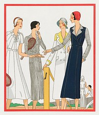 Four women in tennis clothes (1931) fashion illustration in high resolution by Redfern. Original from the Rijksmuseum. Digitally enhanced by rawpixel.