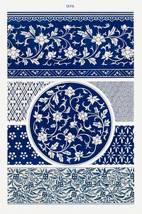 Blue flower pattern, Examples of Chinese Ornament selected from objects in the South Kensington Museum and other collections by Owen Jones. Digitally enhanced plate from our own original 1867 edition of the book.