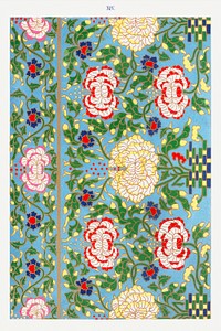 Colorful floral pattern, Examples of Chinese Ornament selected from objects in the South Kensington Museum and other collections by Owen Jones. Digitally enhanced plate from our own original 1867 edition of the book.