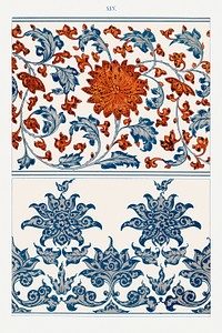 Flower illustration, Examples of Chinese Ornament selected from objects in the South Kensington Museum and other collections by Owen Jones. Digitally enhanced plate from our own original 1867 edition of the book.