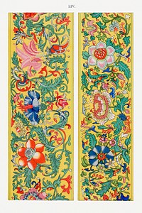 Yellow botanical pattern, Examples of Chinese Ornament selected from objects in the South Kensington Museum and other collections by Owen Jones. Digitally enhanced plate from our own original 1867 edition of the book.