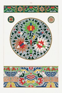 Colorful flower pattern, Examples of Chinese Ornament selected from objects in the South Kensington Museum and other collections by Owen Jones. Digitally enhanced plate from our own original 1867 edition of the book.