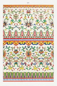 Colorful floral pattern, Examples of Chinese Ornament selected from objects in the South Kensington Museum and other collections by Owen Jones. Digitally enhanced plate from our own original 1867 edition of the book.