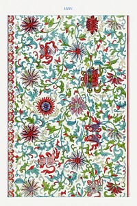 Colorful floral pattern, Examples of Chinese Ornament selected from objects in the South Kensington Museum and other collections by Owen Jones. Digitally enhanced plate from our own original 1867 edition of the book.