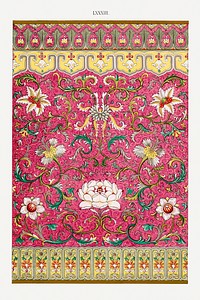 Pink floral pattern, Examples of Chinese Ornament selected from objects in the South Kensington Museum and other collections by Owen Jones. Digitally enhanced plate from our own original 1867 edition of the book.