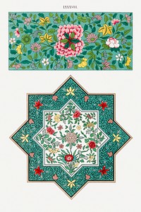 Flower illustration, Examples of Chinese Ornament selected from objects in the South Kensington Museum and other collections by Owen Jones. Digitally enhanced plate from our own original 1867 edition of the book.