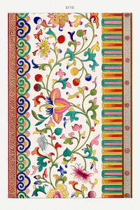 Colorful flower pattern, Examples of Chinese Ornament selected from objects in the South Kensington Museum and other collections by Owen Jones. Digitally enhanced plate from our own original 1867 edition of the book.