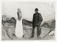 Two Human Beings. The Lonely Ones (1894) by <a href="https://www.rawpixel.com/search/Edvard%20Munch?sort=curated&amp;type=all&amp;page=1">Edvard Munch</a>. Original from The Art Institute of Chicago. Digitally enhanced by rawpixel.