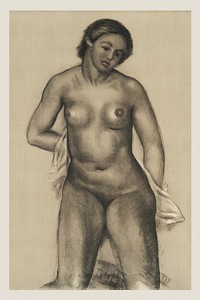 Naked woman showing her breasts, vintage nude illustration. Standing Female Nude (18xx) by Aristide Maillol. Original from The Rijksmuseum. Digitally enhanced by rawpixel.