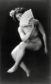 Nude woman with fan portrait photograph: The Coquette (ca. 1900) by J.M. Guerin. Original from Library of Congress. Digitally enhanced by rawpixel.