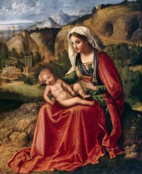 Giorgione's The Virgin and Child in a Landscape (1503) famous painting. Original from Wikimedia Commons. Digitally enhanced by rawpixel.