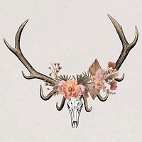 Animal skull collage element, vintage wildlife & flower illustration vector  