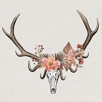 Animal skull collage element, vintage animal & flower drawing psd  