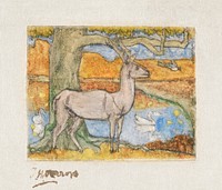 Deer near a Tree in Front of a Pond (1895) by Jan Toorop. Original from The Rijksmuseum. Digitally enhanced by rawpixel.