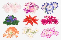 Vintage flower sticker, Japanese art painting on transparent background vector set