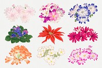 Vintage flower illustrations, Japanese art painting on transparent background psd set