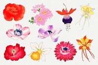 Flower collage element, floral Japanese woodblock art psd set