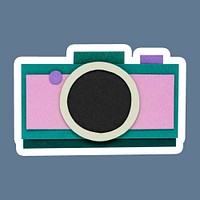 Pink analog camera paper craft sticker on blue background