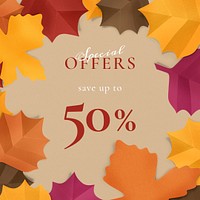 Paper craft leaf template psd in autumn tone for social media post