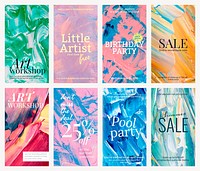 Acrylic paint textured template psd colorful aesthetic creative art social media story set