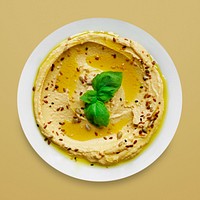 Hummus on a plate, food photography, flat lay style