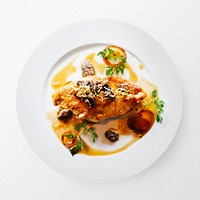 Chicken dinner on plate, food photography psd