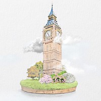 Watercolor Big Ben illustration, London clock tower with floral design
